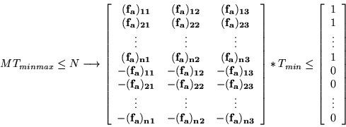 \begin{displaymath}
MT_{minmax} \leq N \longrightarrow \left[
\begin{array}{cc c...
...dots \\
1 \\
0 \\
0 \\
\vdots \\
0
\end{array}\right]\end{displaymath}