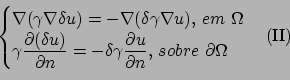 \begin{displaymath}
\begin{cases}
\nabla(\gamma \nabla \delta u) = -\nabla (\...
...tial n},  sobre \partial \Omega
\end{cases}
(\mathrm{II})
\end{displaymath}