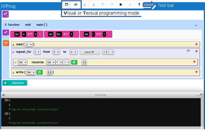 Main interface image of iVProg, highlighting Visual x Textual modes and the main tool bar