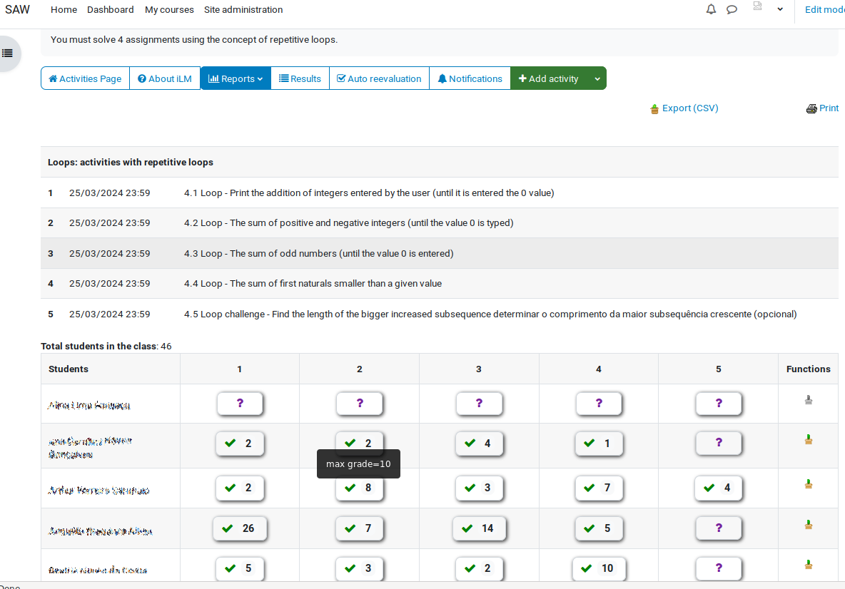 iAssign main repost interface, with a set of 4 iVProg assignments under Moodle