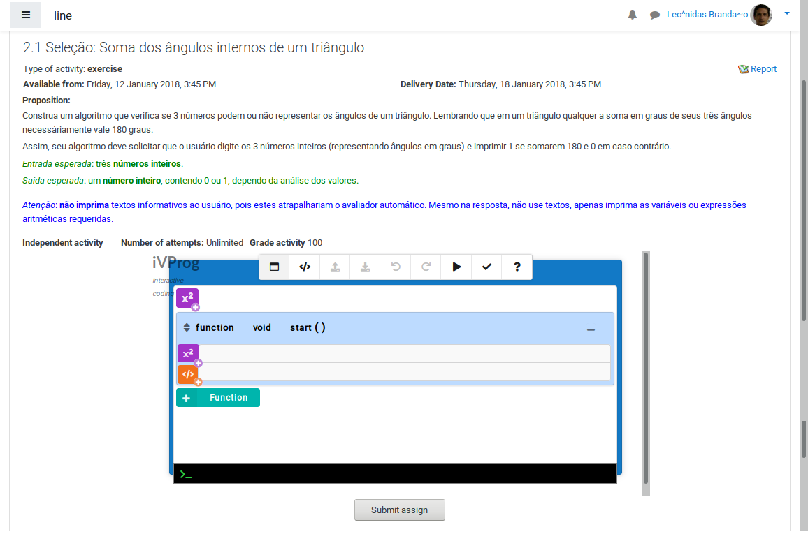 Interface do iTarefa com exercicio do iVProg em Moodle