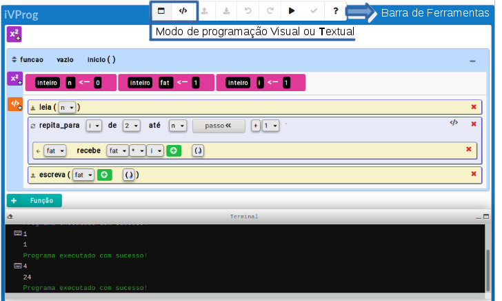 imagem da interface principal do iVProg destacando modo Visual x Textual e Barra de Ferramentas